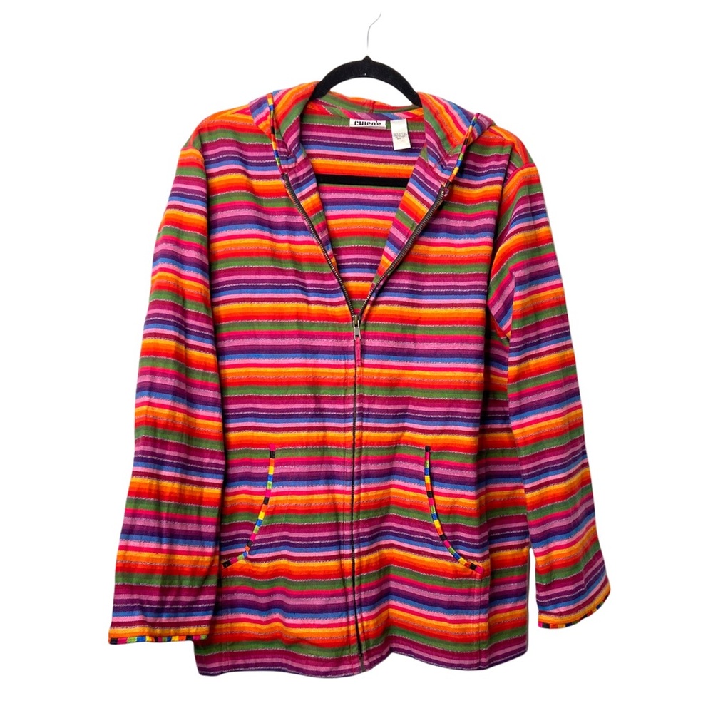 Chico's Design 90s Rainbow Striped Knit Zip Front Jacket w/ Hood Sz L
